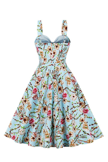Alças de Espaguete Flor Azul 1950s Vestido Com Laço